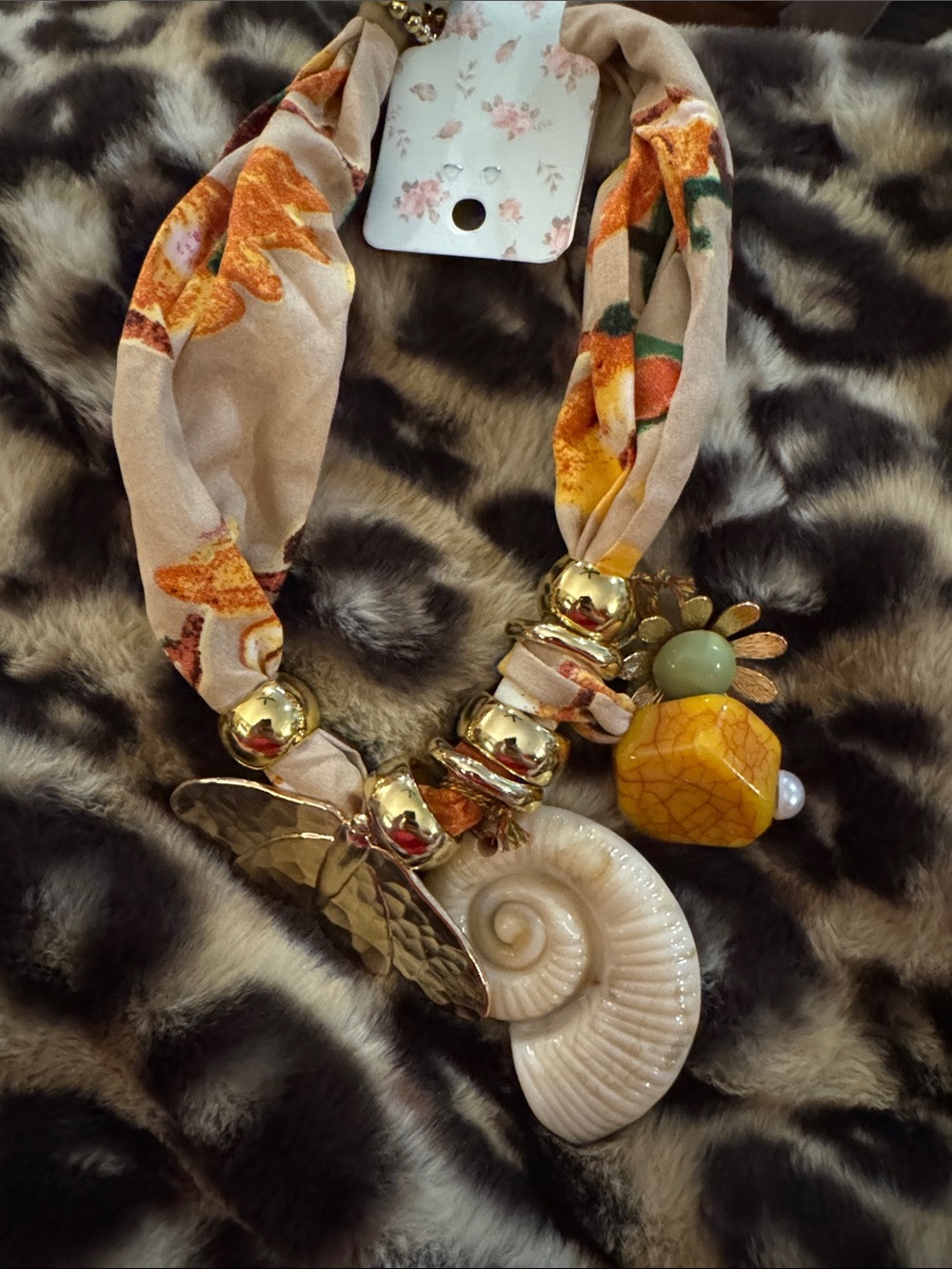 Shell Pendant Statement Necklace with Beige & Gold Accents